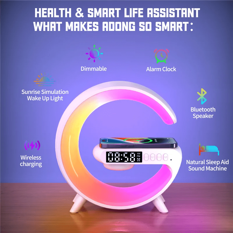 Wireless Charger Pad Stand Speaker TF Card RGB Night Light Lamp Alarm Clock Fast Charging Station Dock iPhones Android phones - Leadinggene.com