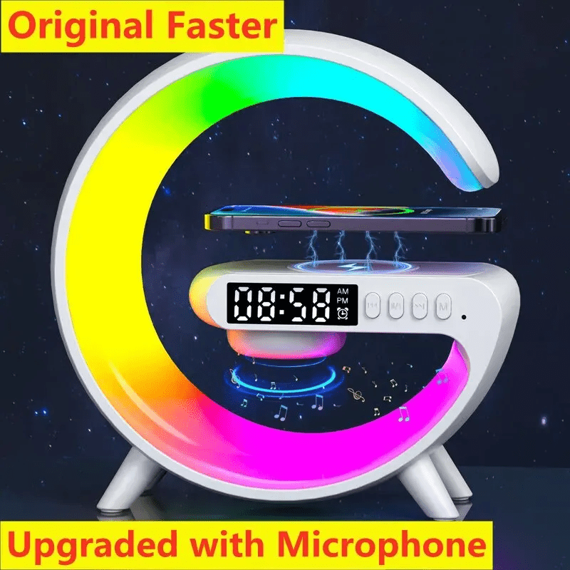 Wireless Charger Pad Stand Speaker TF Card RGB Night Light Lamp Alarm Clock Fast Charging Station Dock iPhones Android phones - Leadinggene.com