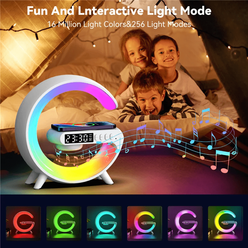 Wireless Charger Pad Stand Speaker TF Card RGB Night Light Lamp Alarm Clock Fast Charging Station Dock iPhones Android phones - Leadinggene.com