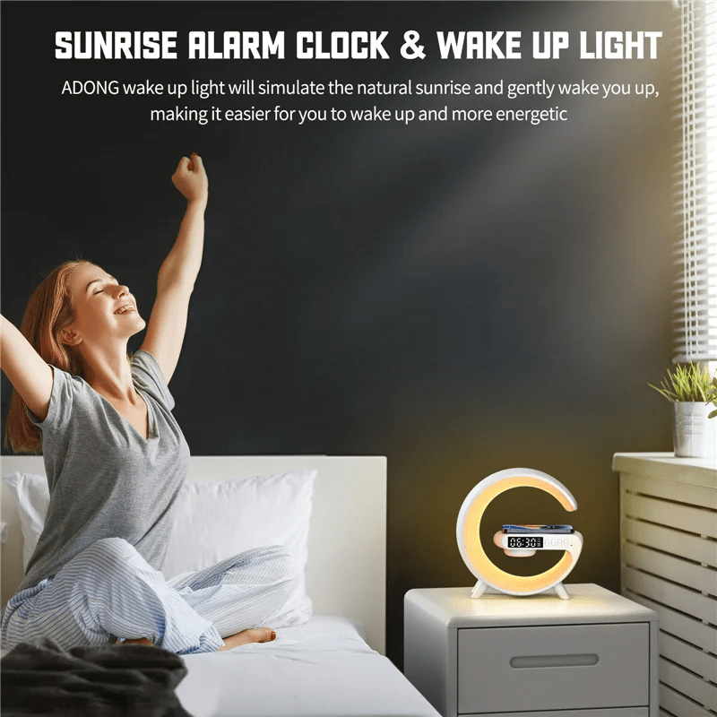 Wireless Charger Pad Stand Speaker TF Card RGB Night Light Lamp Alarm Clock Fast Charging Station Dock iPhones Android phones - Leadinggene.com