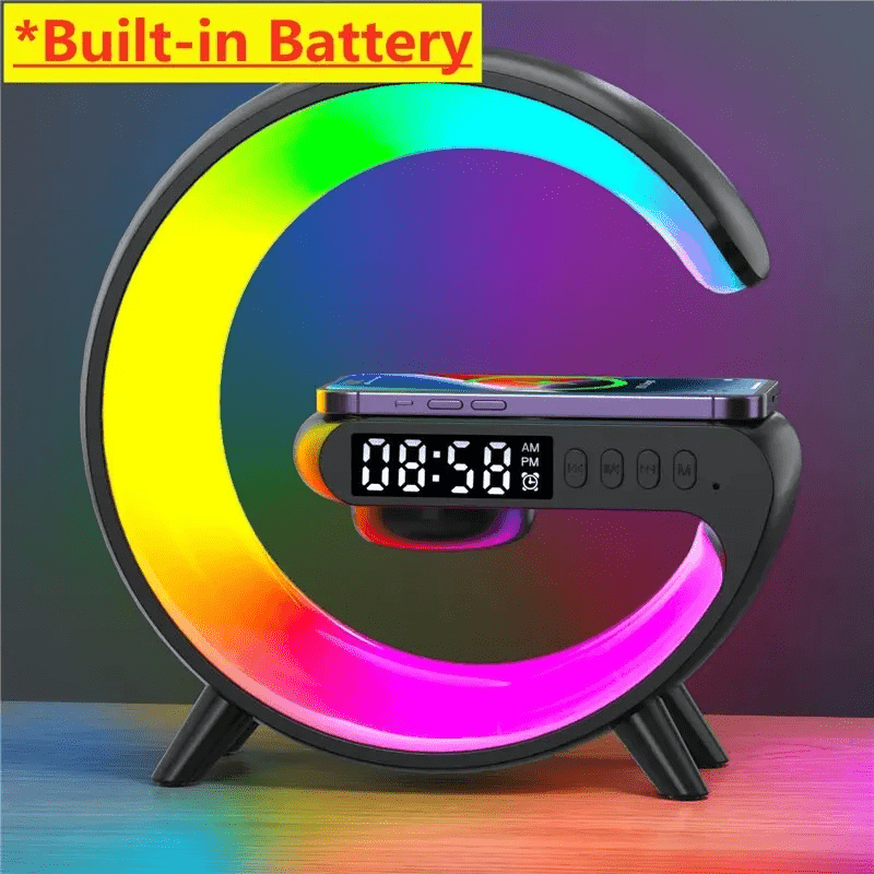 Wireless Charger Pad Stand Speaker TF Card RGB Night Light Lamp Alarm Clock Fast Charging Station Dock iPhones Android phones - Leadinggene.com